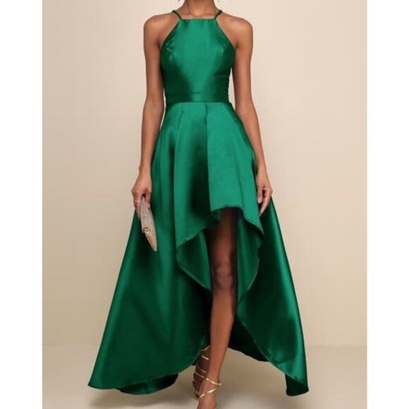 Lulus Emerald Green High-Low Satin Gown XL Halter Formal Maxi Dress - Picture 1 of 12